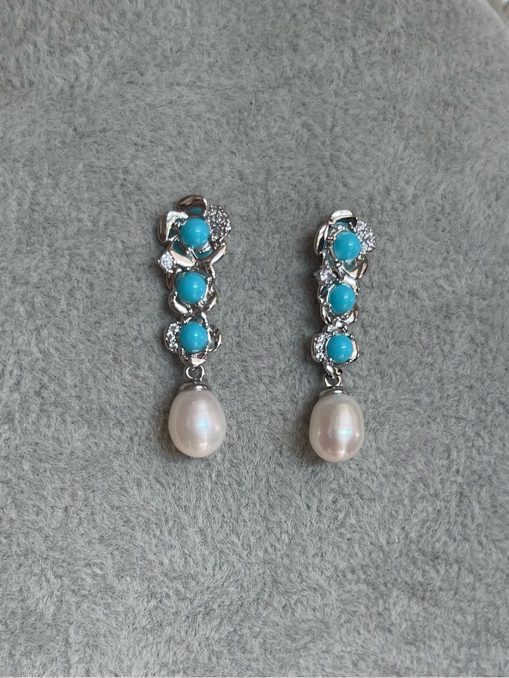 Turquoise and Freshwater Pearl Drop Earrings - 925 silver posts